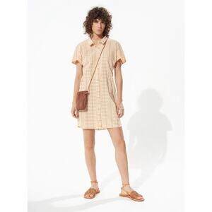 Cotélac Champagne Checked Pearl Buttons Straight Shirt Dress Short Sleeve Size 0